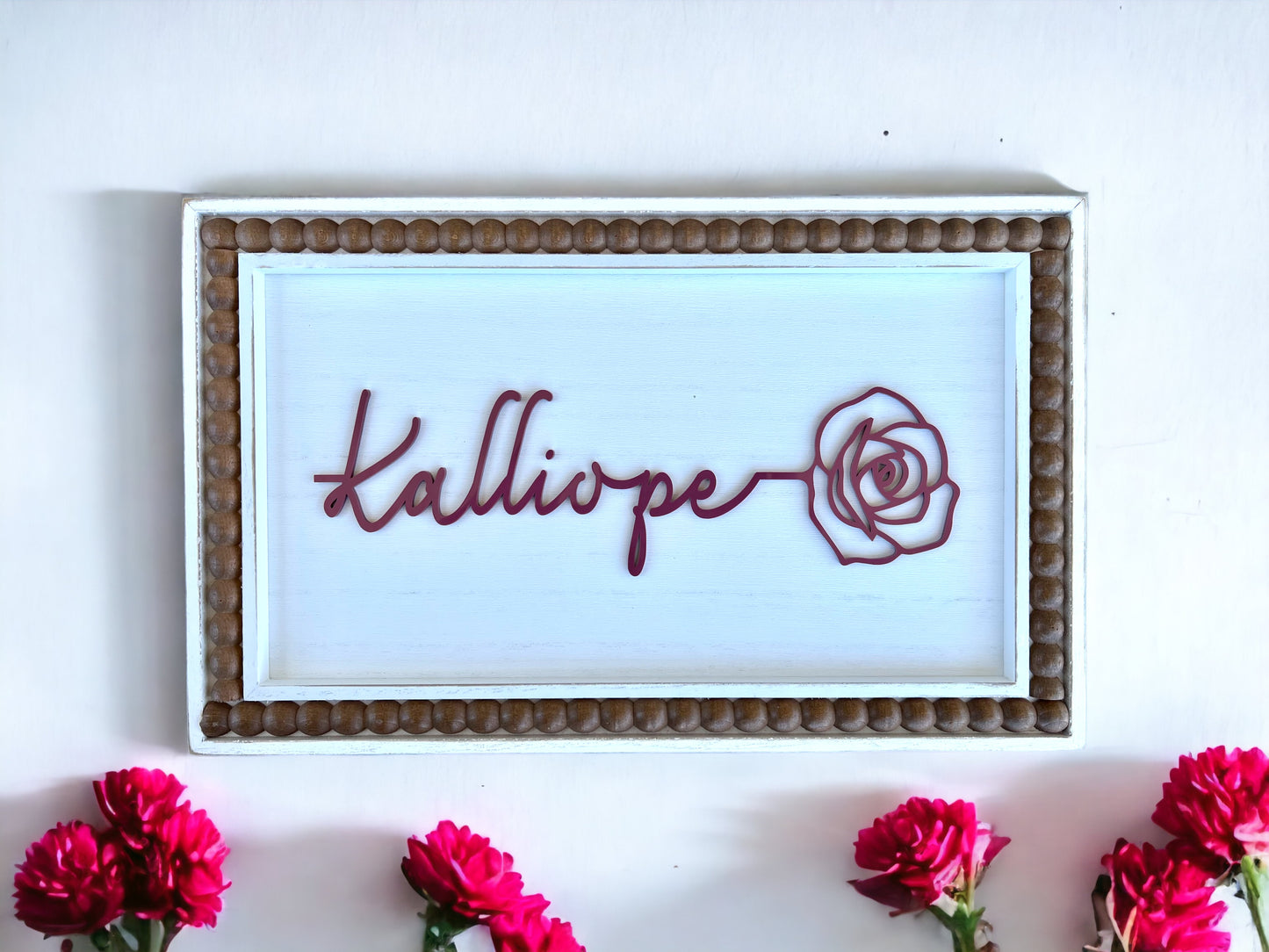 Rustic Beaded Edge Frame with Customizable Acrylic Flower Name