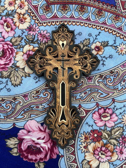 Russian Orthodox Wooden Cross | 4 laser-cut layers