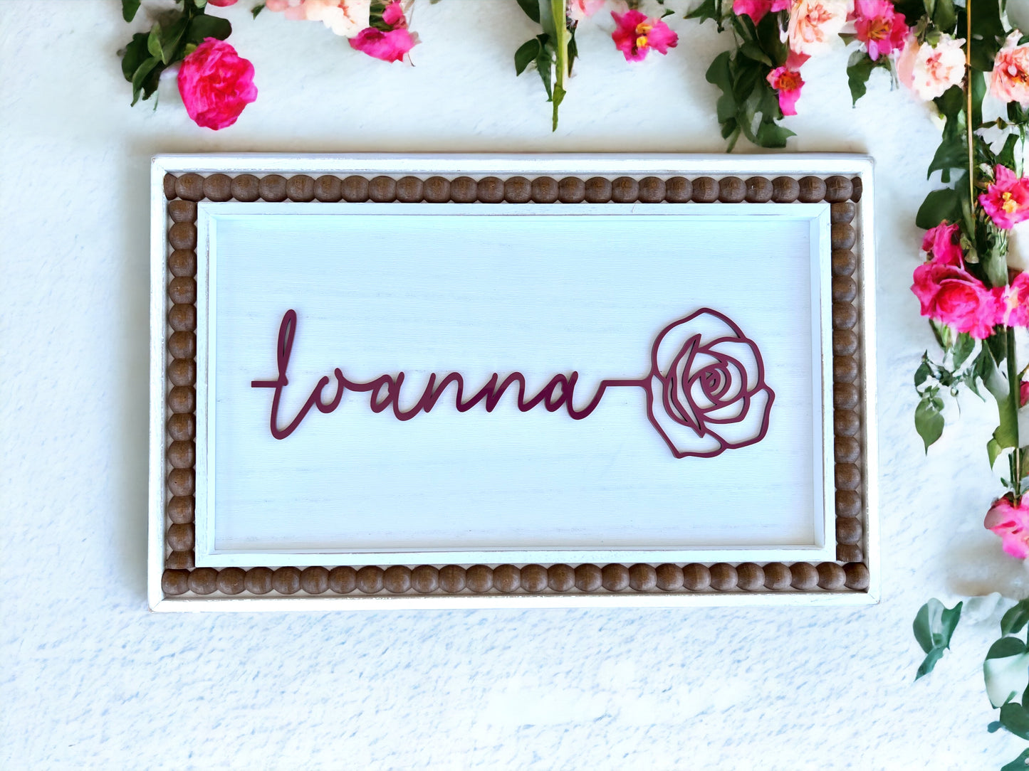 Rustic Beaded Edge Frame with Customizable Acrylic Flower Name