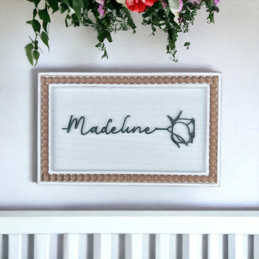 Rustic Beaded Edge Frame with Customizable Acrylic Flower Name