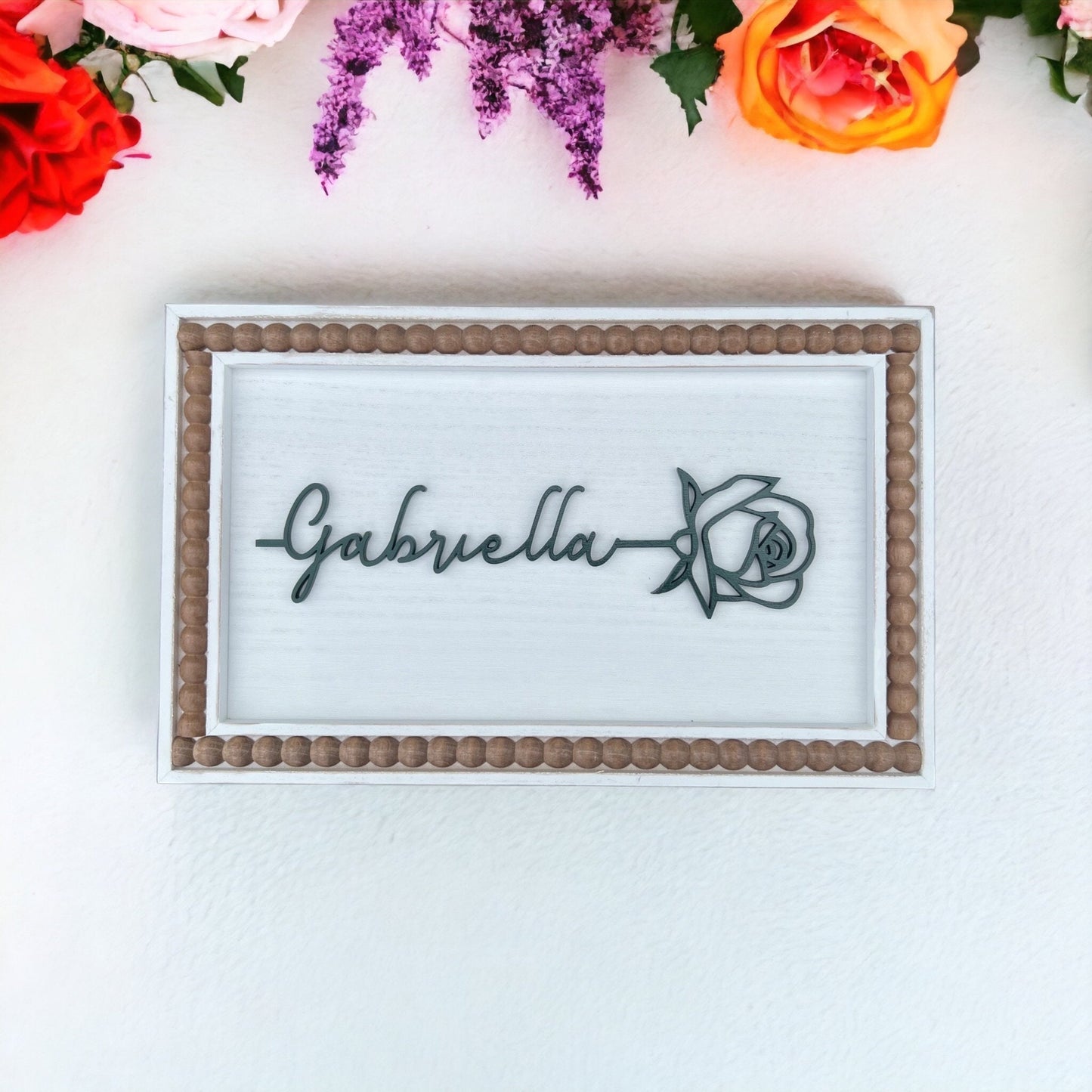 Rustic Beaded Edge Frame with Customizable Acrylic Flower Name